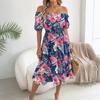 Women's Fashionable Floral Print Off Shoulder Short Sleeved Ruffle Edge Holiday Beach Loose Dress