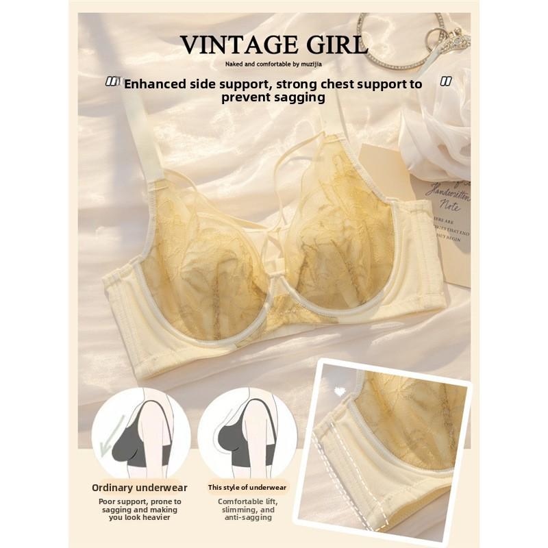 Shaping Lace Soft Underwire Bra, Sponge-Free Thin Cup Bust Minimizer Side Gathering Anti-Sag Full Bust Women Bra