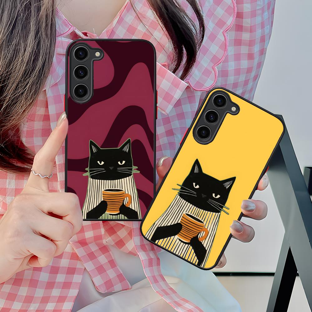 Custodia in Silicone per Cellulare Gatto Caffè Carino per Samsung Galaxy S26 S25 S24 S23 S22 S21 Plus FE Ultra Cover Colorata