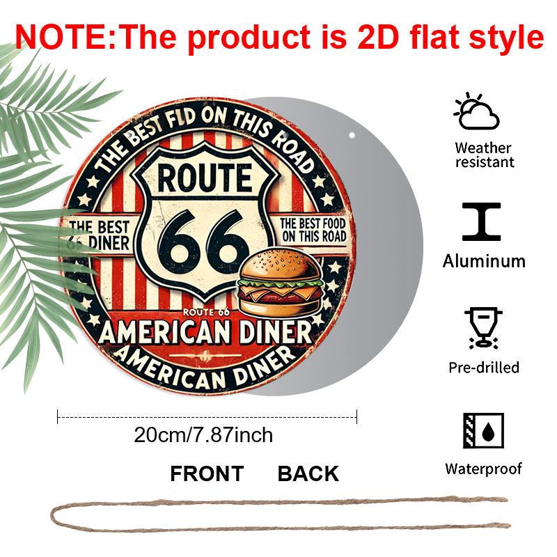 

2D плоский 1 шт., 8x8 дюймов, Винтажная металлическая табличка Route 66 - Прочный алюминий, Американский ретро-декор для закусочной с классическим дизайном гамбургера, Идеально для дома 1pc
