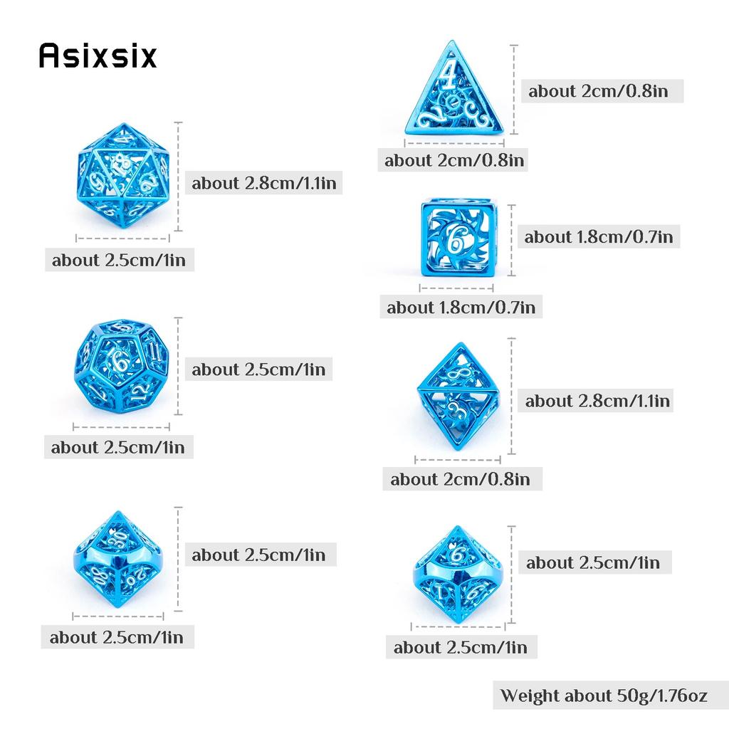 7 Pcs Blue White Rotary Cyclone Metal Dice Hollow Metal Polyhedral Dice Set Suitable for Role-Playing RPG  Board Game Card Game