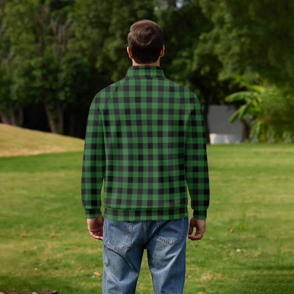 Men's Fall Winter Plaid Print Zip-Up Stand Collar Pullover Casual Wrinkle- Athletic Top