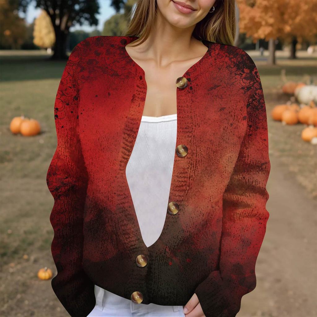 Women's Fashion Printed Long Sleeve Knitted Cardigan Button Down Jacket