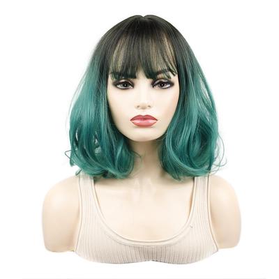 Short Hair Wig Water Wave Black Green Ombre Color Bob Haircut Whit Bangs Synthetic Modern Young Girl's Wigs