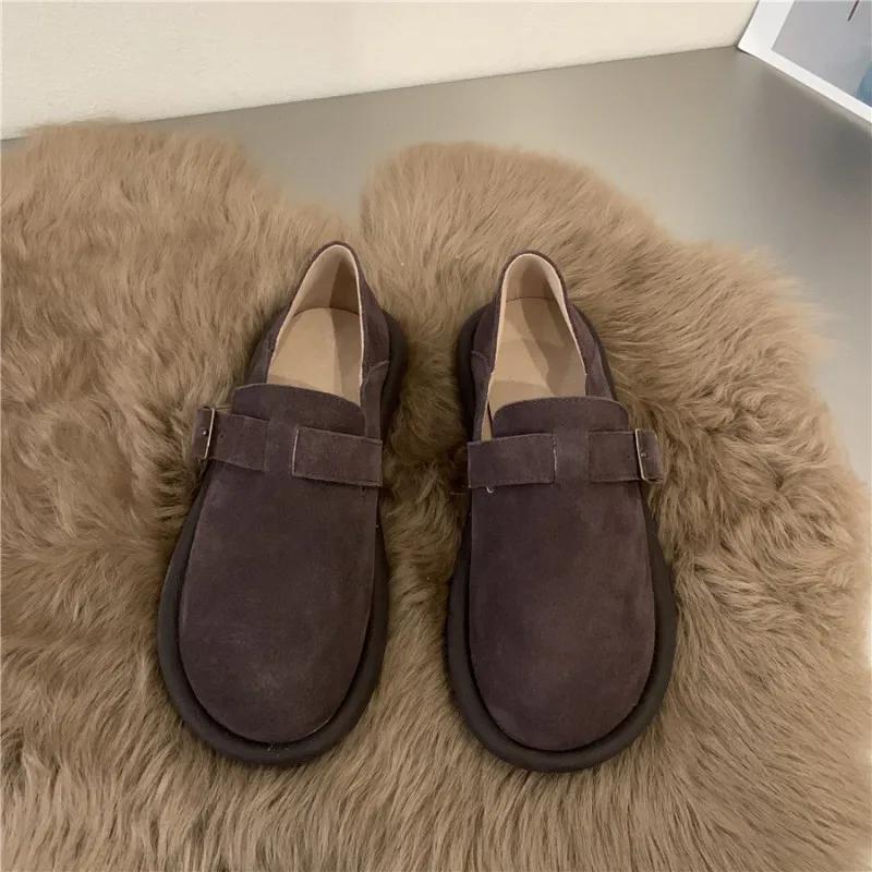 2024 New Women's Shoes Sen Series Khaki Flat Shoes French Retro Single Shoes Lefu Shoes Frosted Boken Shoes Autumn and Winter