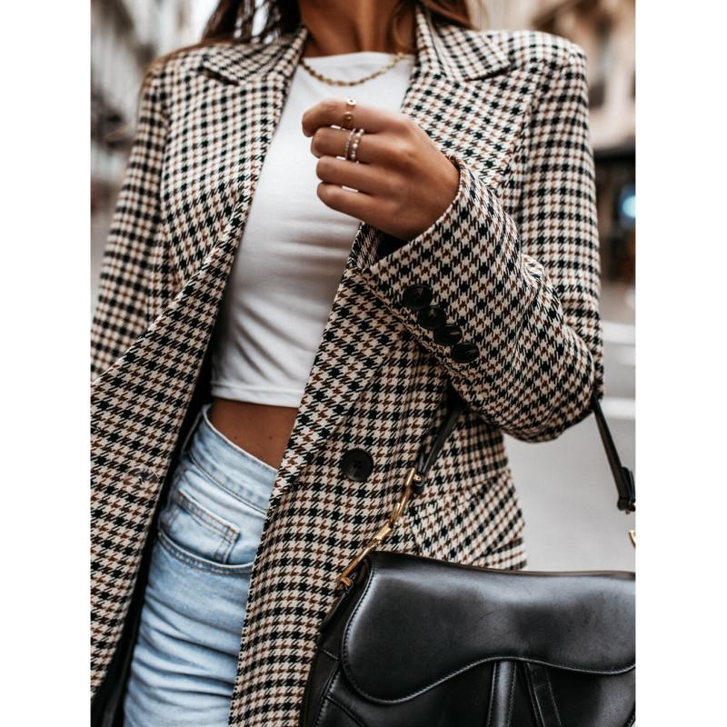 Tooxika Women's Autumn And Winter New Retro Double-breasted Plaid Print Small Suit Women's Mid-length Coat