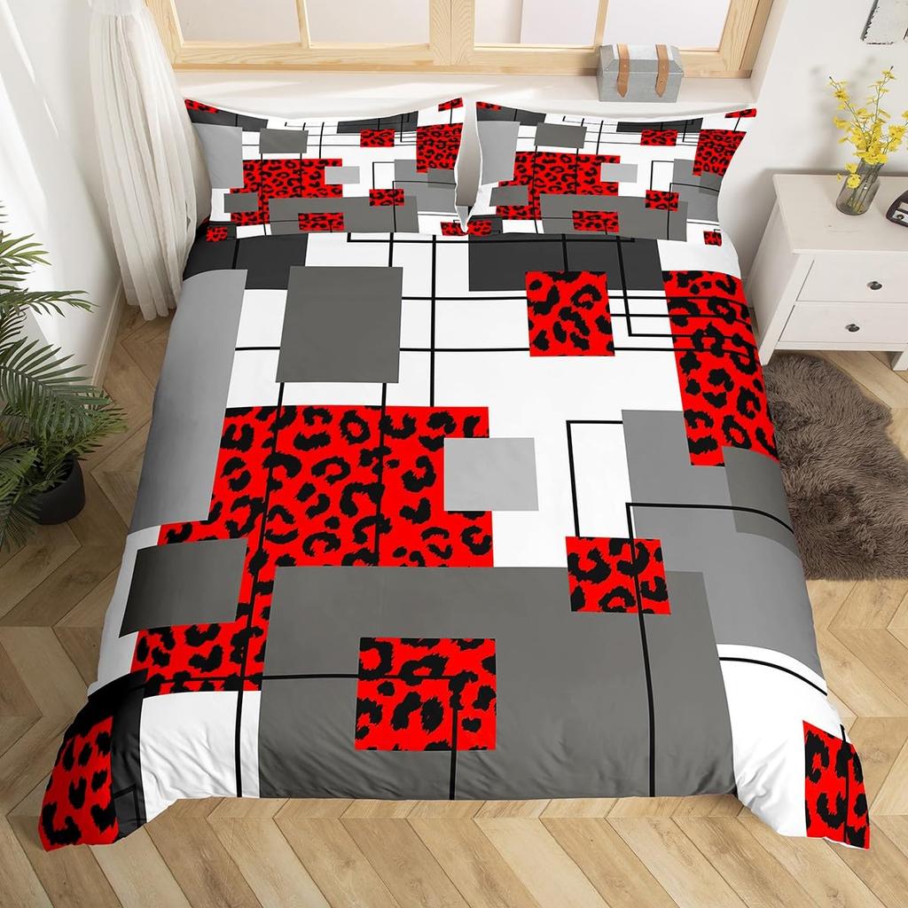 Abstract Stripe Leopard Check Duvet Cover Geometric Cheetah Print Bedding Set Girls Pink Black Grey Twin Queen Comforter Cover