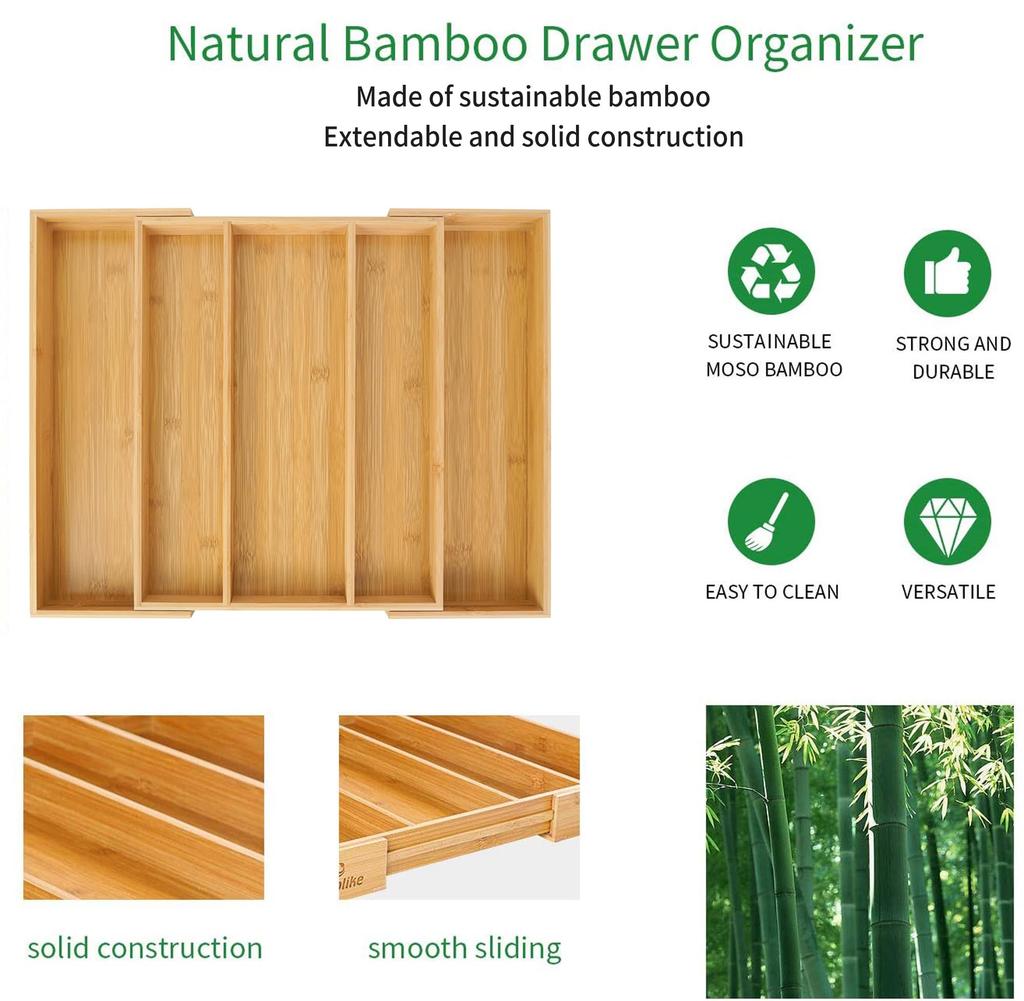 Cooking Utensil Drawer Cutlery Extendable Kitchen Tool Cutlery Large Sliding Type X Storage Drawer Organizing Bamboo Storage, Storage, Case, Capacity,