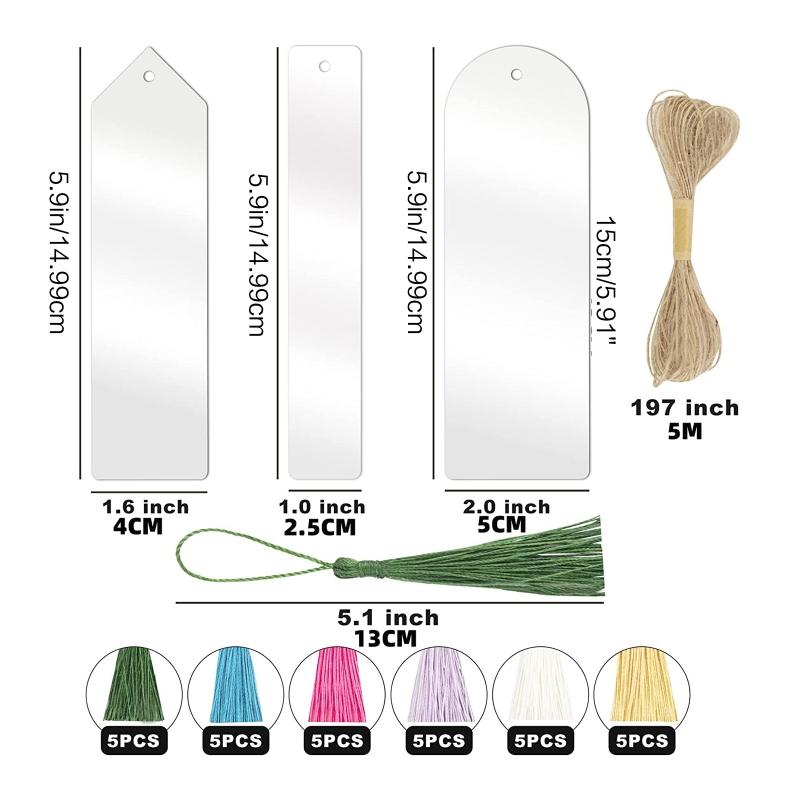 30Pcs Blank Acrylic Bookmark Set Craft Clear Acrylic Blank Bookmark with 30 Bookmark Tassel for DIY Projects Present Tag