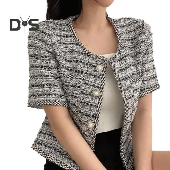Women Coat Blazer French Style Elegant Short Sleeve Short Type Single Breasted Color Matching Spring Fall Jacket