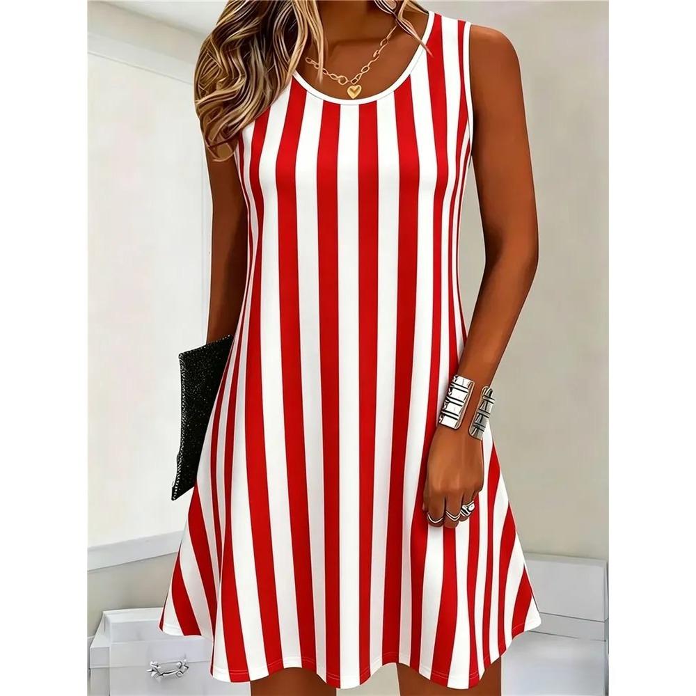 Sommer Damen Rundhals Ärmelloses Kleid Kreatives Streifenmuster 3D Übergröße Urlaubs Kleid Modisch Bequem Weich Atmungsaktiv Minikleid