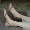 New nude patent leather side empty rivets pointed thick heel shoes shallow mouth willow nail single shoes middle heel shoes children's trendy shoes