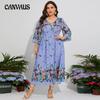Frühling Sommer Damen Kleid Plus Size Floral Chiffon elastische Taille ausgestellte Ärmel Urlaub lange Kleider