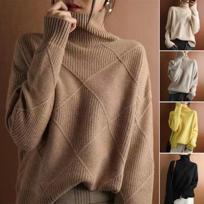 Women Sweater High Collar Long Sleeve Crochet Texture Solid Color Pullover Tops Loose Fit Thickened Warm Knitwear