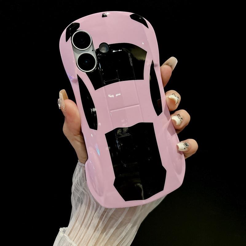 

Чохол для телефону 3D у формі автомобіля однотонний для iPhone 16 Pro Max 15 14 Pro 13 12 11 глянсовий протиударний жорсткий ПК гібридний силіконовий з м яким краєм бампер iPhone 16 Plus рожевий
