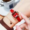 Women's Square Wristwatch, Small, Stylish, Waterproof, Leather Strap, Simple, Cute, Casual, Red, Perfect Gift for High School Students