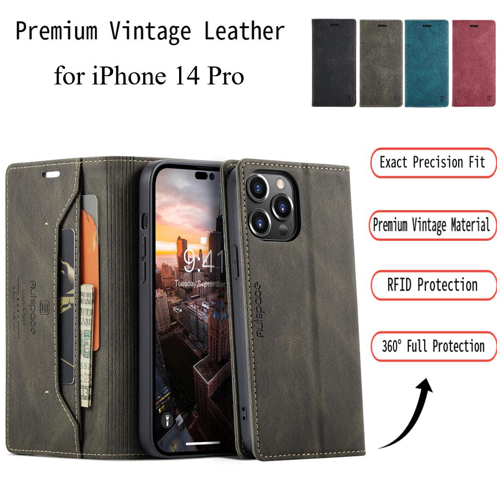 For iPhone 14 Pro Vintage Leather Flip Wallet Case with RFID Blocking Card Slot, Matte Retro Folio Cover for Women Men (4 Colors)