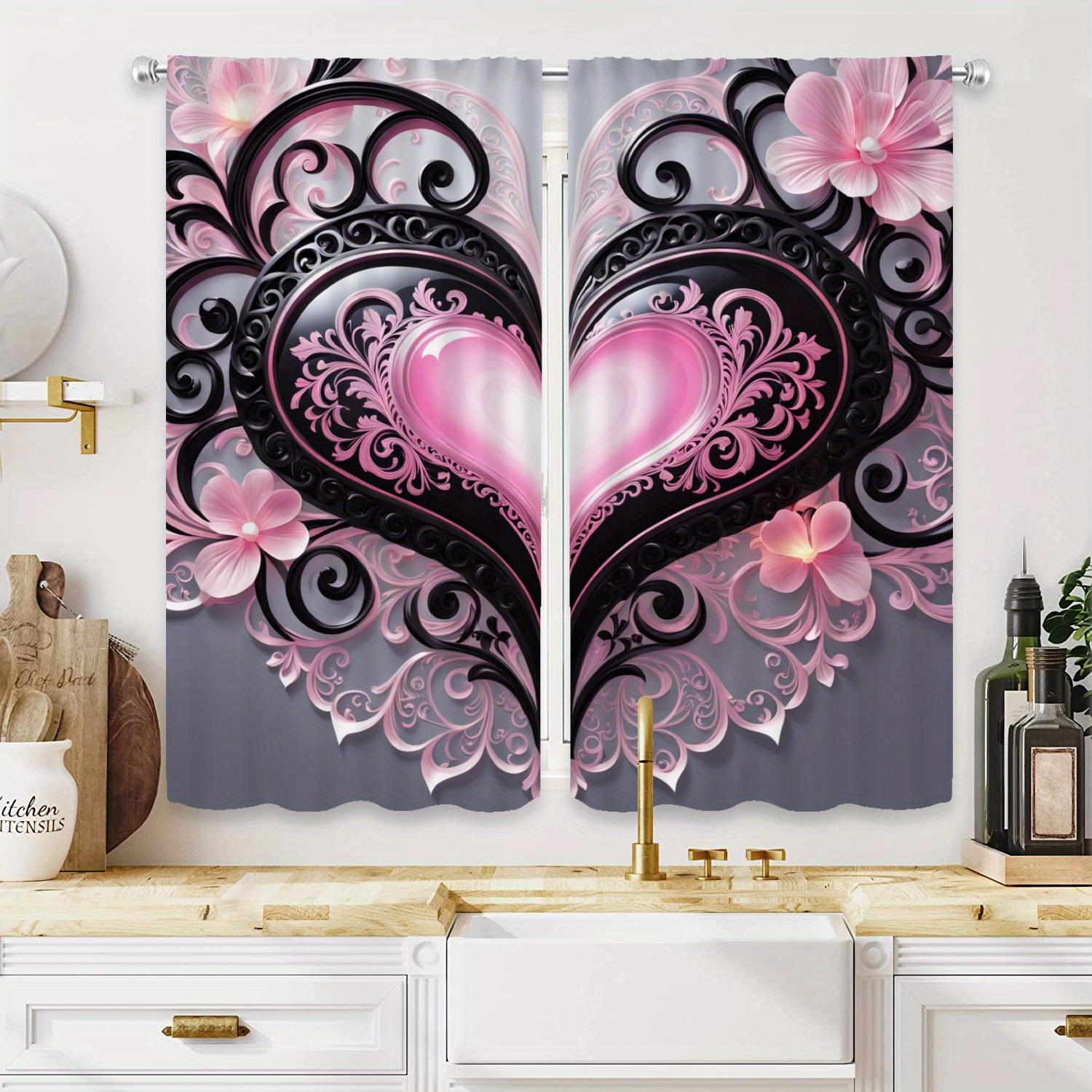 

Gray Pink Heart Curtains 2pcs HD Digital Print with Flowers Black Patterns Rod Pocket for Living Room Bedroom Decor 100*130 HOOK 1pcs