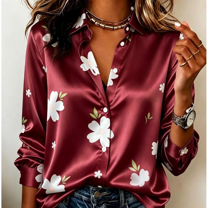 Dames satijnen shirt met lange mouwen, witte bloemenprint blouse, revers, enkele rij knopen, losse kantoor tops