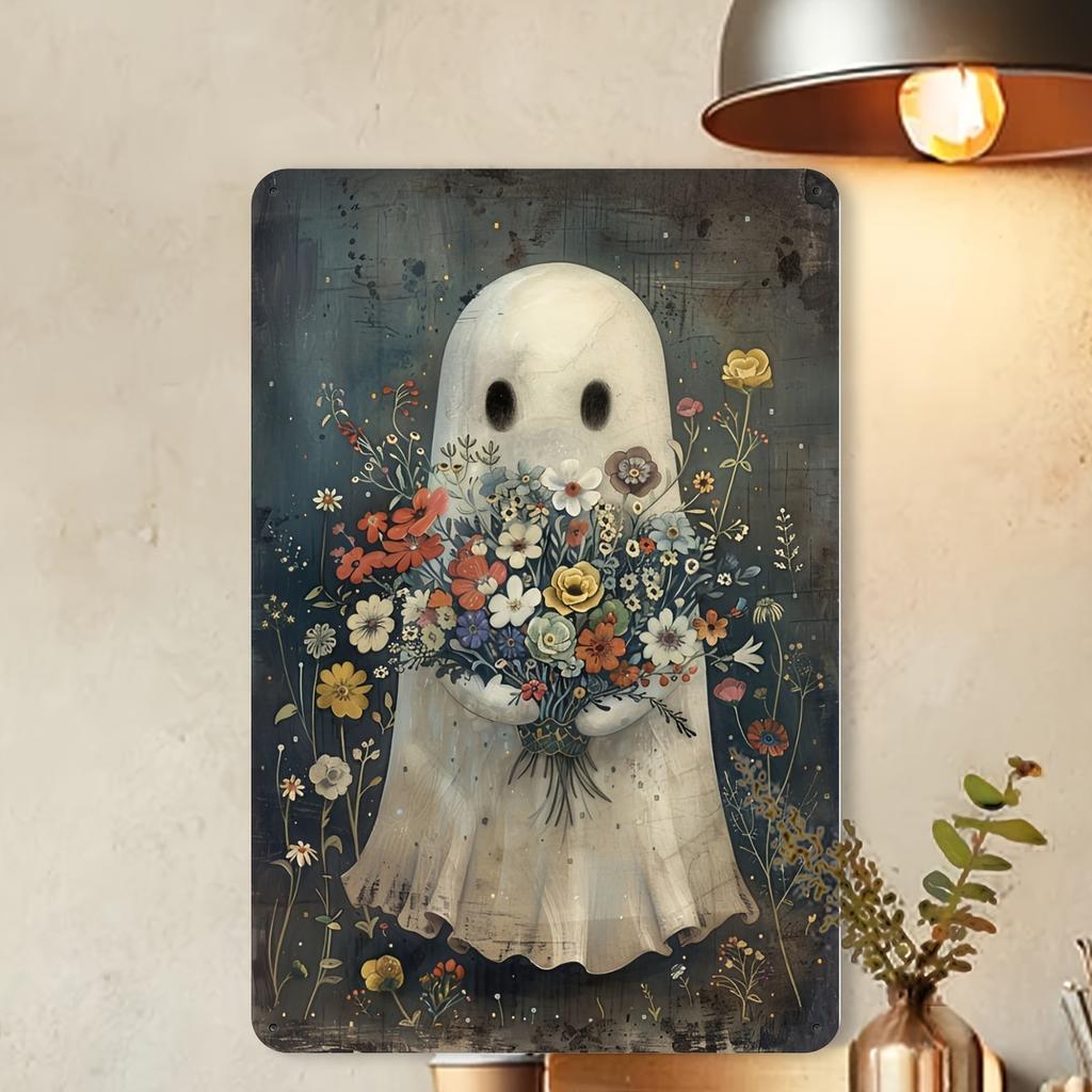 An 8x12 Inch Wall Art Decoration, Ghost Flower Bouquet Vintage Metal Sign for Home Room or Halloween Event