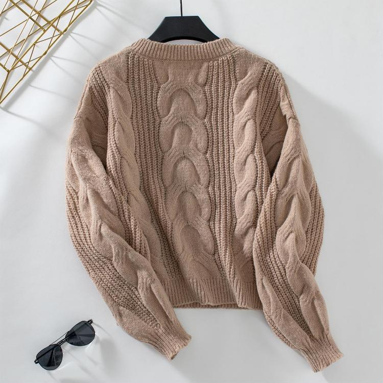 Vintage O Neck Loose Long Sleeve Sweater Cardigan Top Solid Color Knitwear Autumn Winter