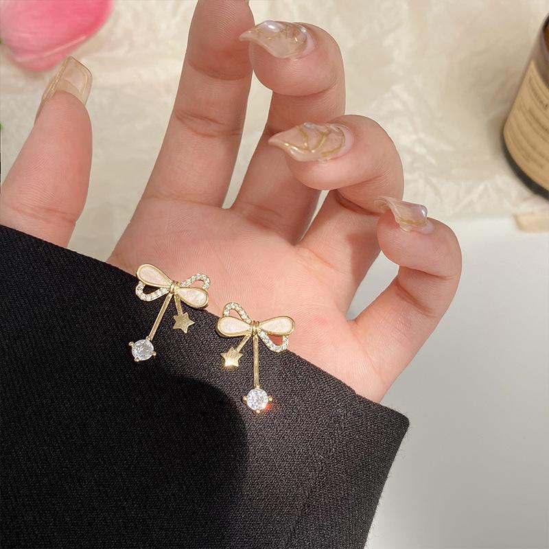 Korean Bow Inlaid Diamond S925 Silver Stud Earrings for Women – Elegant and Simple Design