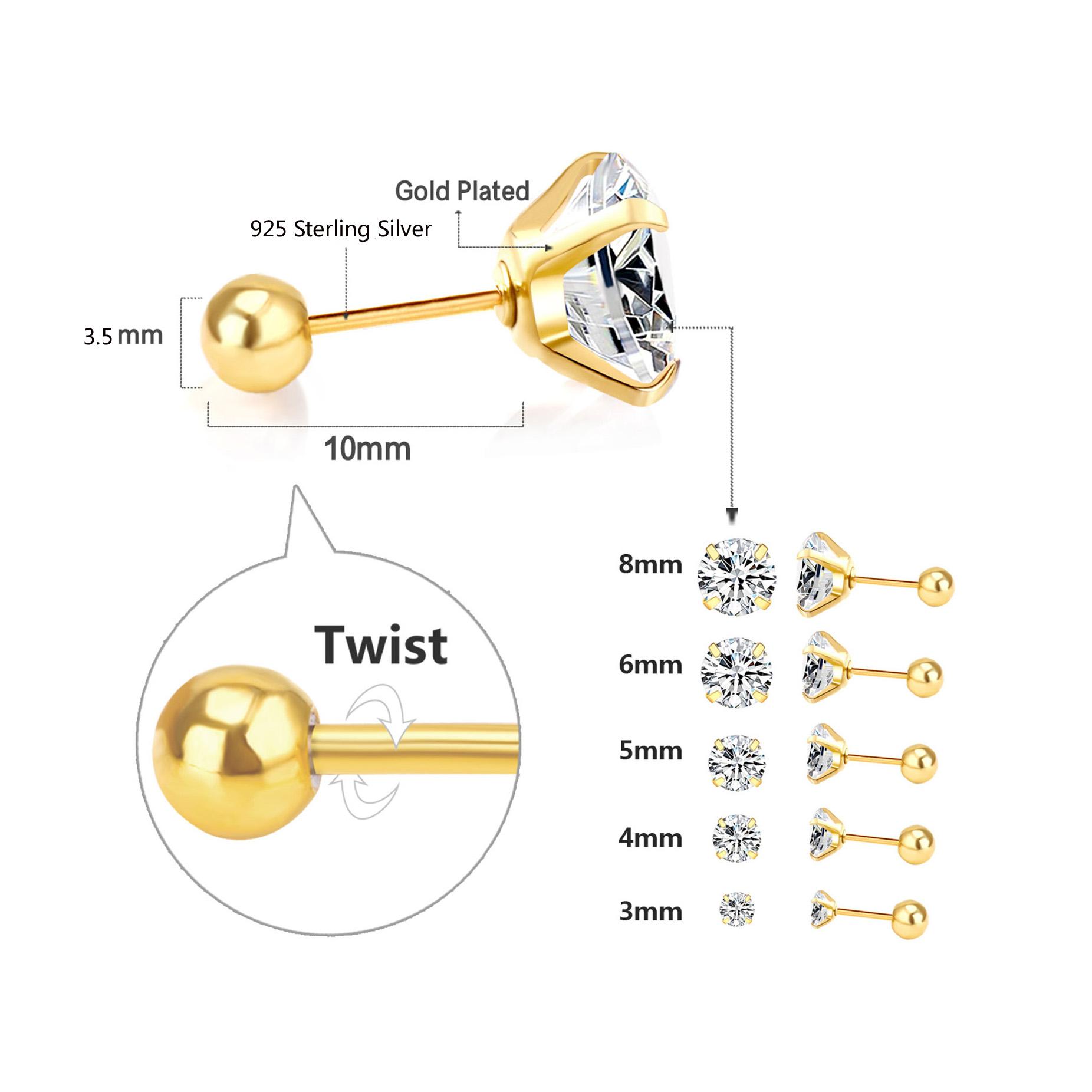 

1 пара сережек-гвоздиков из стерлингового серебра с винтами для женщин и мужчин, простые круглые кубические циркониевые украшения для пирсинга ушей 6mm