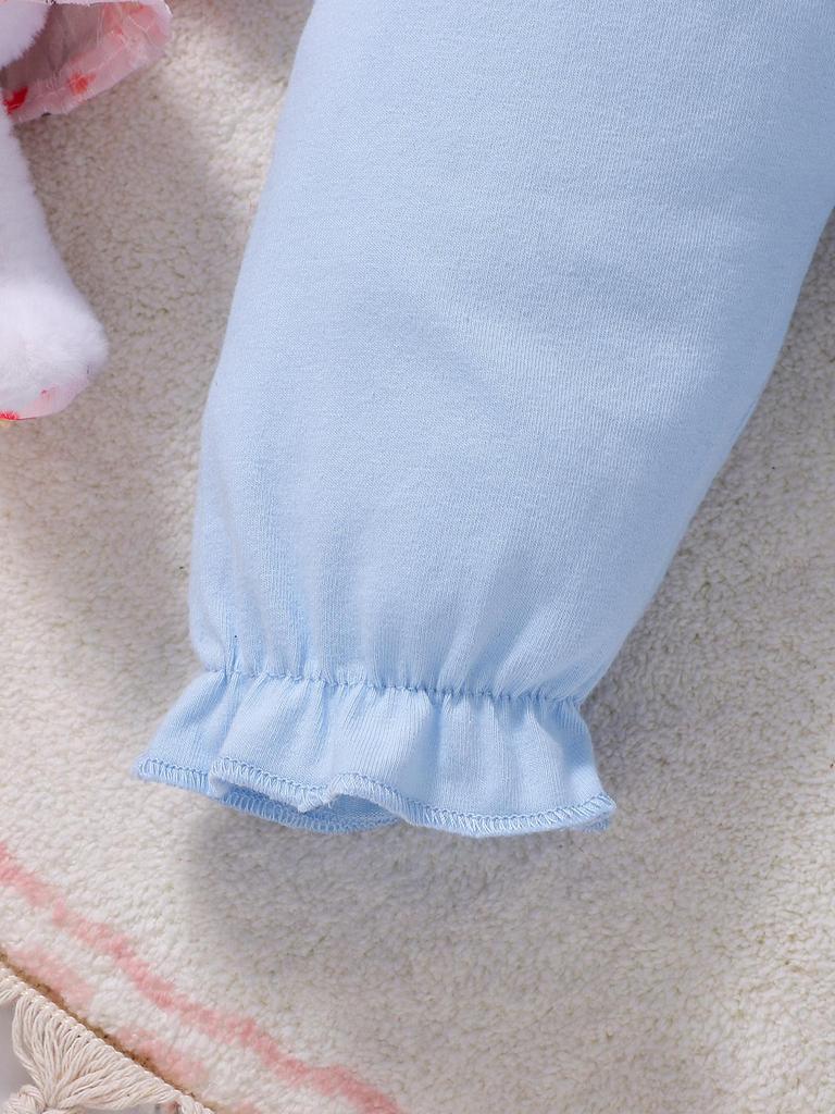 Light Blue Peter Pan Collar Baby Romper with Pink Bow Embroidery, Long Sleeve Ruffle Jumpsuit