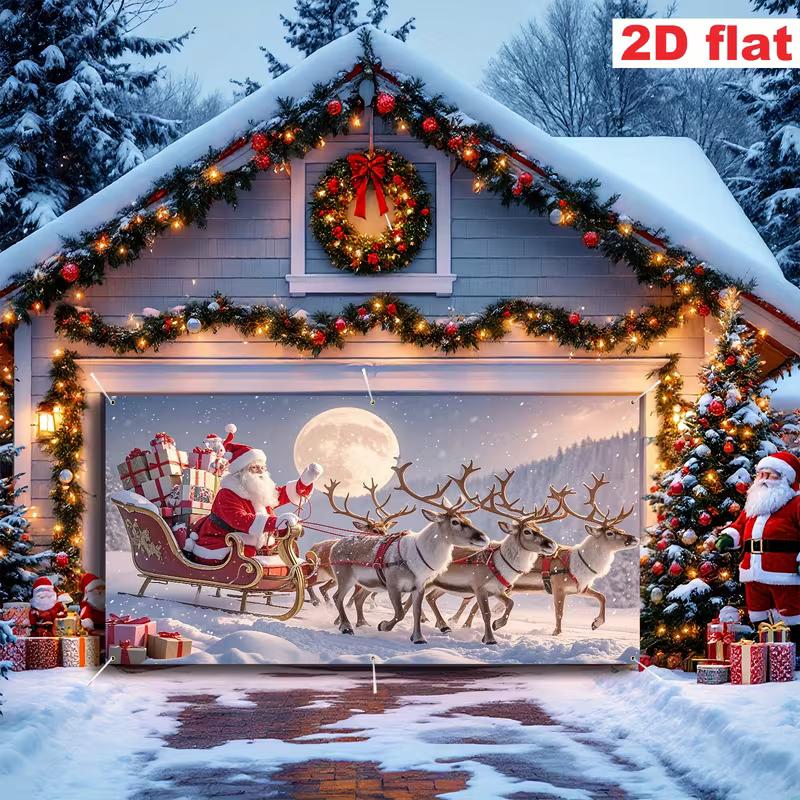 2D Winter Night Santa Sleigh Garage Door Cover, Reindeer & Moon Christmas Decor