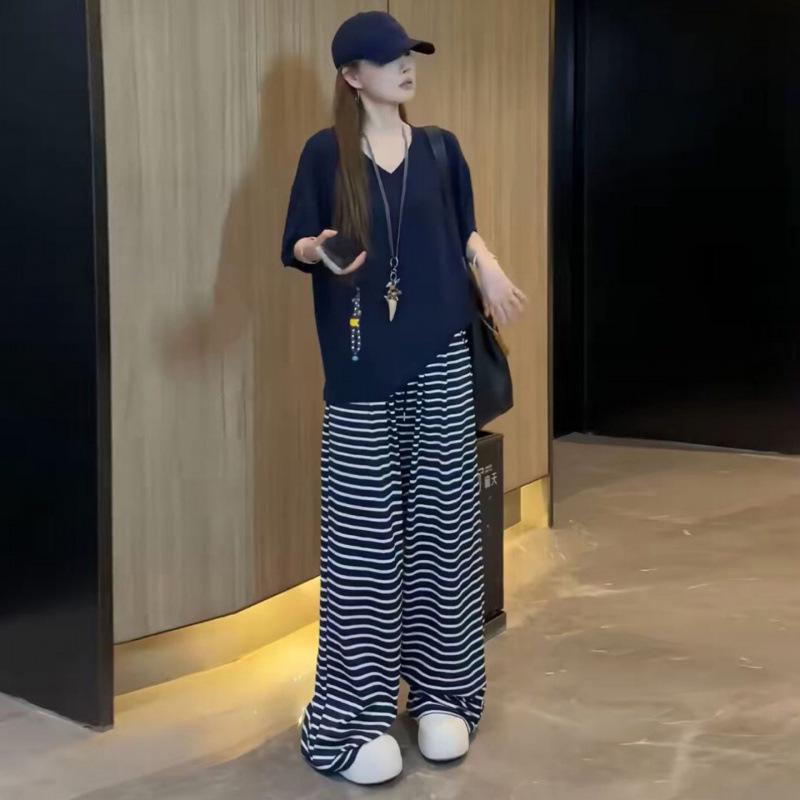 2026 Summer Maternity V-Neck Top & Striped Wide-Leg Pants Set M