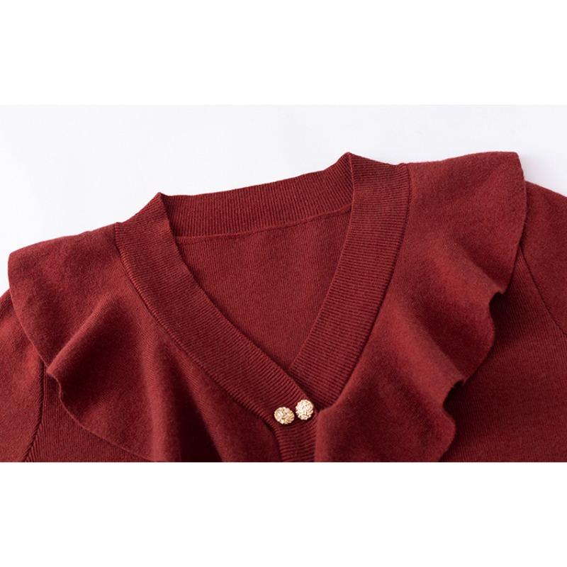 Damen Übergröße V-Ausschnitt Rüschenoberteile Strickwaren Herbst und Winter Temperament Pullover