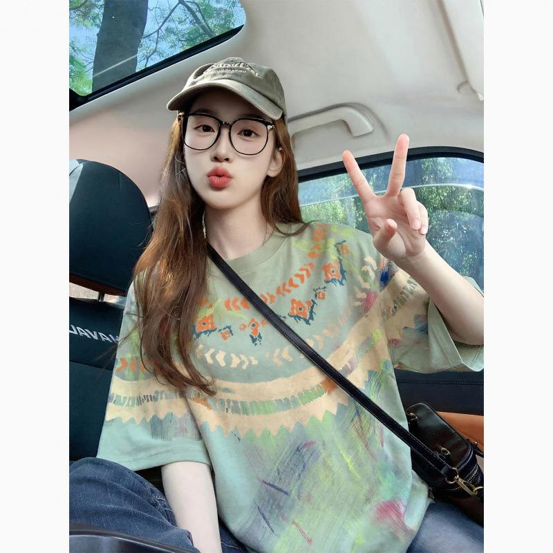 American Vintage National Trend Brand Printed Pure Cotton Short-sleeve T-shirt for Women, Summer Casual Loose Trendy Couple Short-sleeve Top