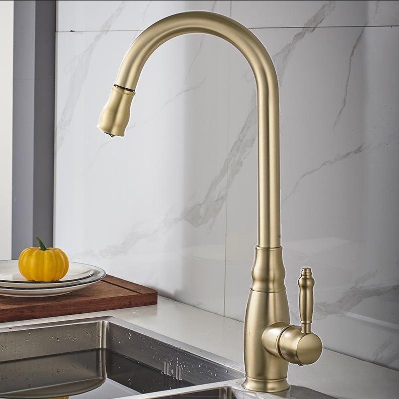 Elegant European-Style Brass Kitchen Faucet with Pull-Out Sprayer for Hot and Cold Water