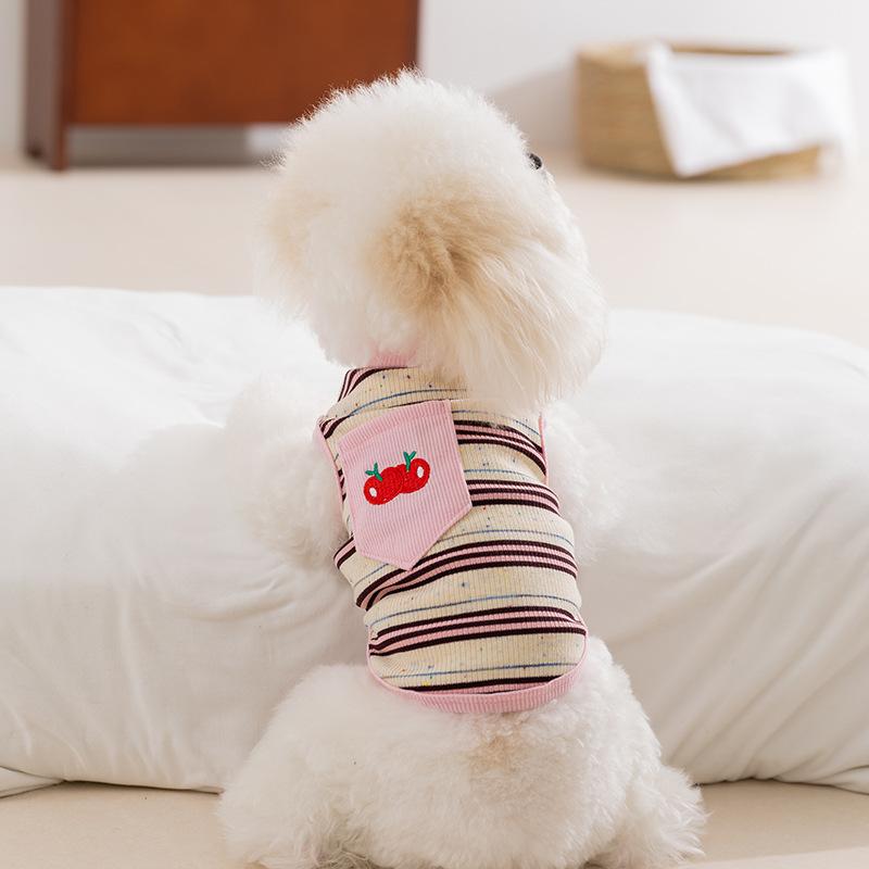 New Dog Clothes Spring and Summer Cherry Embroidered Colored Dot Striped Vest Teddy Bear Small Dog Cat Clothes