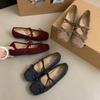 Square Head Shallow Mouth Woolen Single Shoes Women's 2025 Autumn and Winter New Korean Version French Bow Flat Mary Jane Shoes