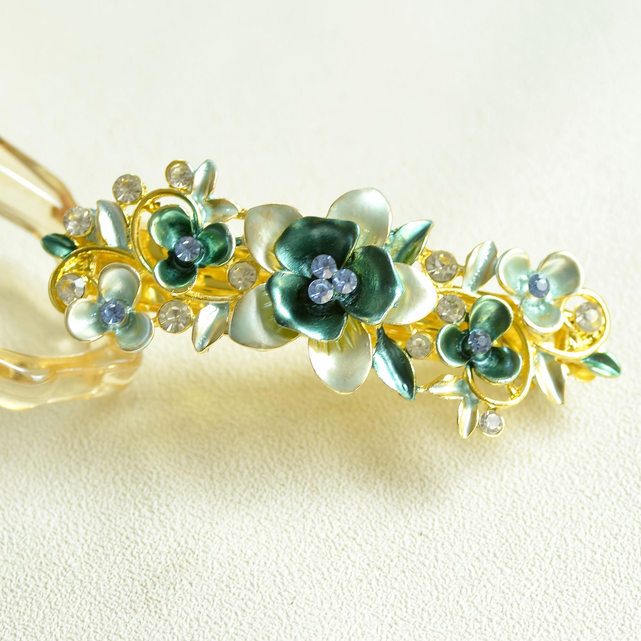 Single Bohemian Floral Rhinestone Hair Clip Large Rectangular Hairpin with Multicolor Enamel Flowers, Sparkling Crystals Golden Tone Accents for Women