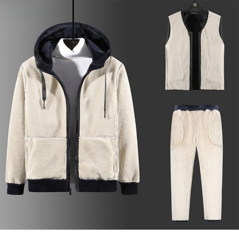 Three-Pieces Lamb Cashmere Set Men Warm Lamb Wool Sets Winter Plus Velvet Thick Tracksuits Men's Set Hoodies+Vests+Pants