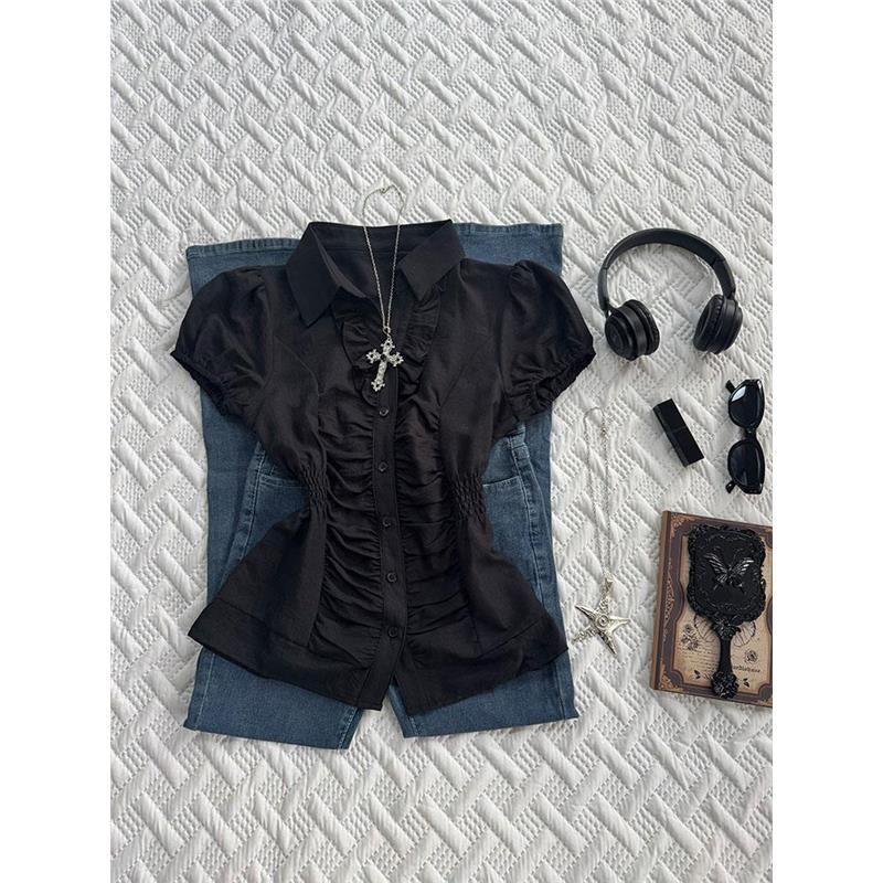 

Xiaolan Blue Оригинальная Модная Стильная Черного Цвета и Плиссированная Рубашка с Короткими Рукавами Женская Нишевый Стиль Облегающая Талию Стройнящие Топы Лето Black S