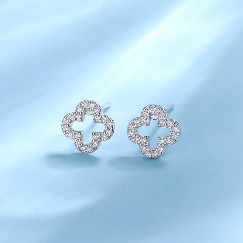 S925 Sterling Silver Zircon Leaf Hollow Stud Earrings for Women Elegant Niche Triple Flower Earrings Fine Jewelry Gift 925 Sterling Silver серебряный