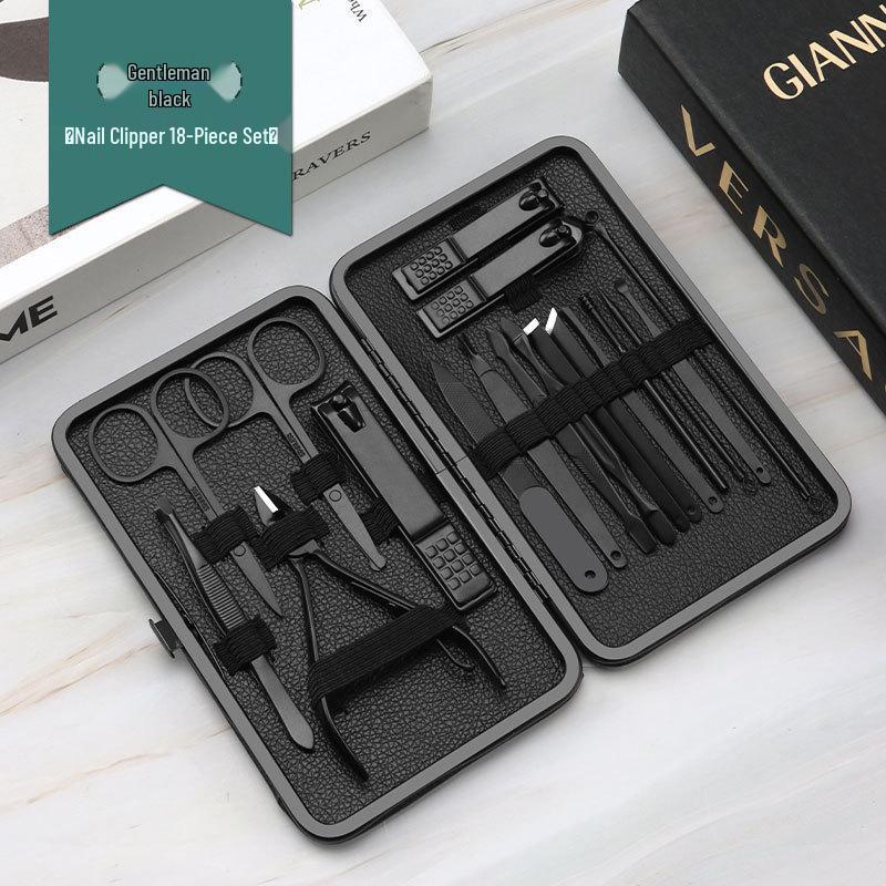 18-Piece Black Stainless Steel Nail Care Set: Clippers, Pedicure Tools, Tweezers, and Blackhead Removers