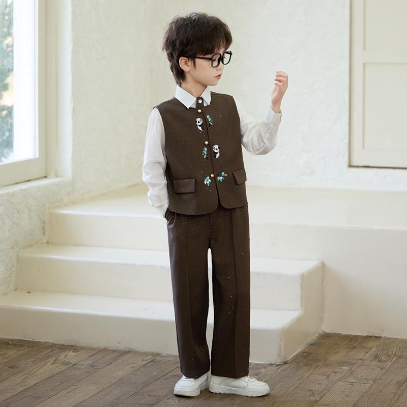 Boys' Spring Hanfu Vest Set with Embroidery - Formal Wear for Performances and Events
