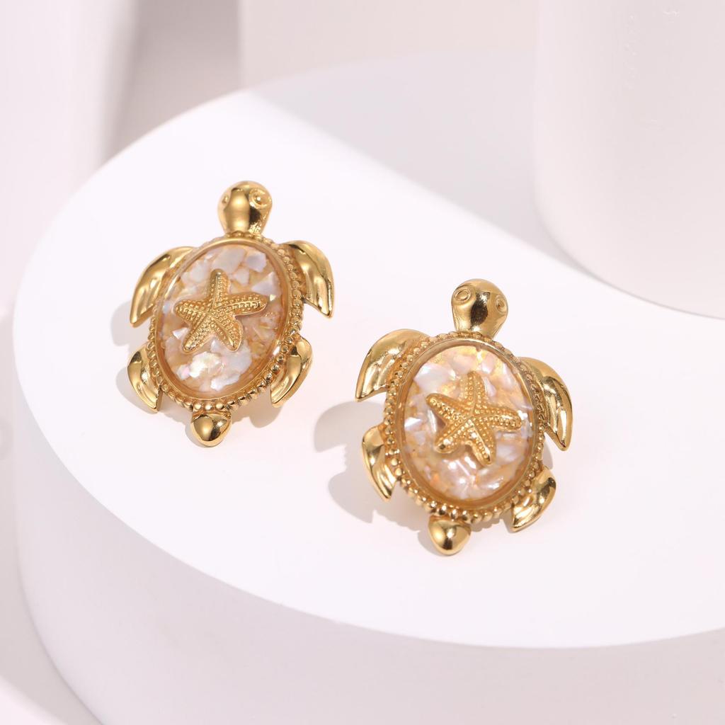 Brincos Europeus & Americanos Estilo Oceano de Estrela-do-mar & Tartaruga Marinha em Aço Inoxidável com Detalhes de Concha