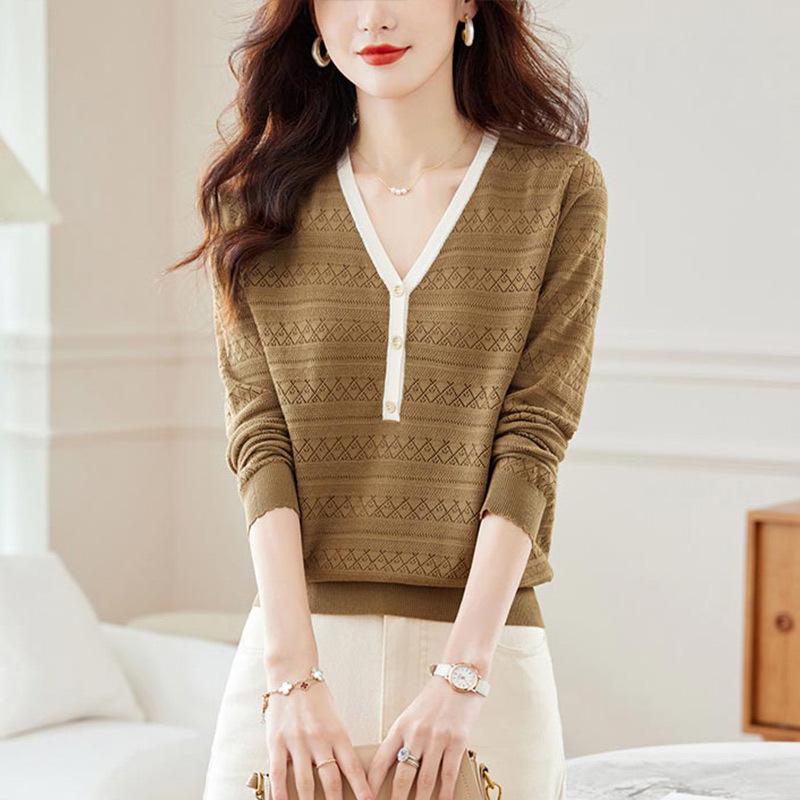 

DAFIFY Женская мода повседневная осень-зима однотонный принт длинный рукав V-образный вырез свитера Size: One Size темно-коричневого