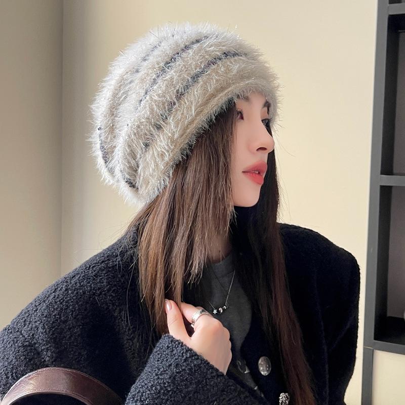 Korean Version of Women's Autumn and Winter New Knitted Wool Hat Fashionable and Versatile Bright Plush Hat Winter Warm Pullover Hat