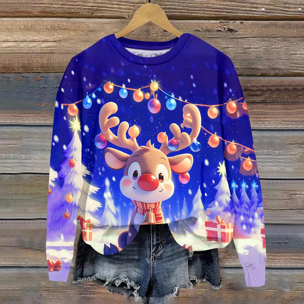 Ladies' Christmas Printed Long Sleeved Round Neck Hoodie Loose Top