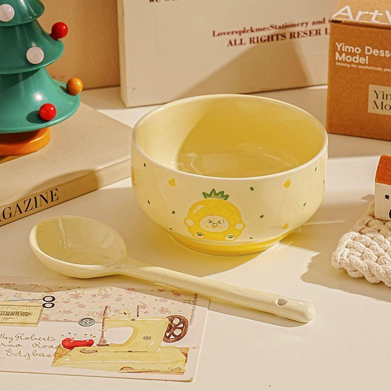 4 Set Funny Fruit Emojis Ceramic Tableware Cute Household Rice Bowl with Spoon Eating Dishes Soup Yogurt Dessert Bowls