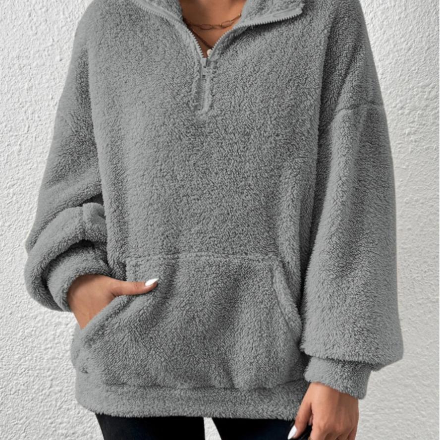 Herbst Winter Neu Europäischer und Amerikanischer Stil Pelziges Fleecegefüttertes Damen Stehkragen Sweatshirt Lässig