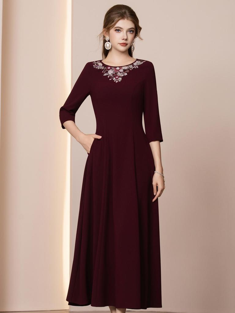Zhilian Angola Red Handmade Rhinestone Seven-Sleeve High-Waist A-Line Long Dress (Spring 2026)