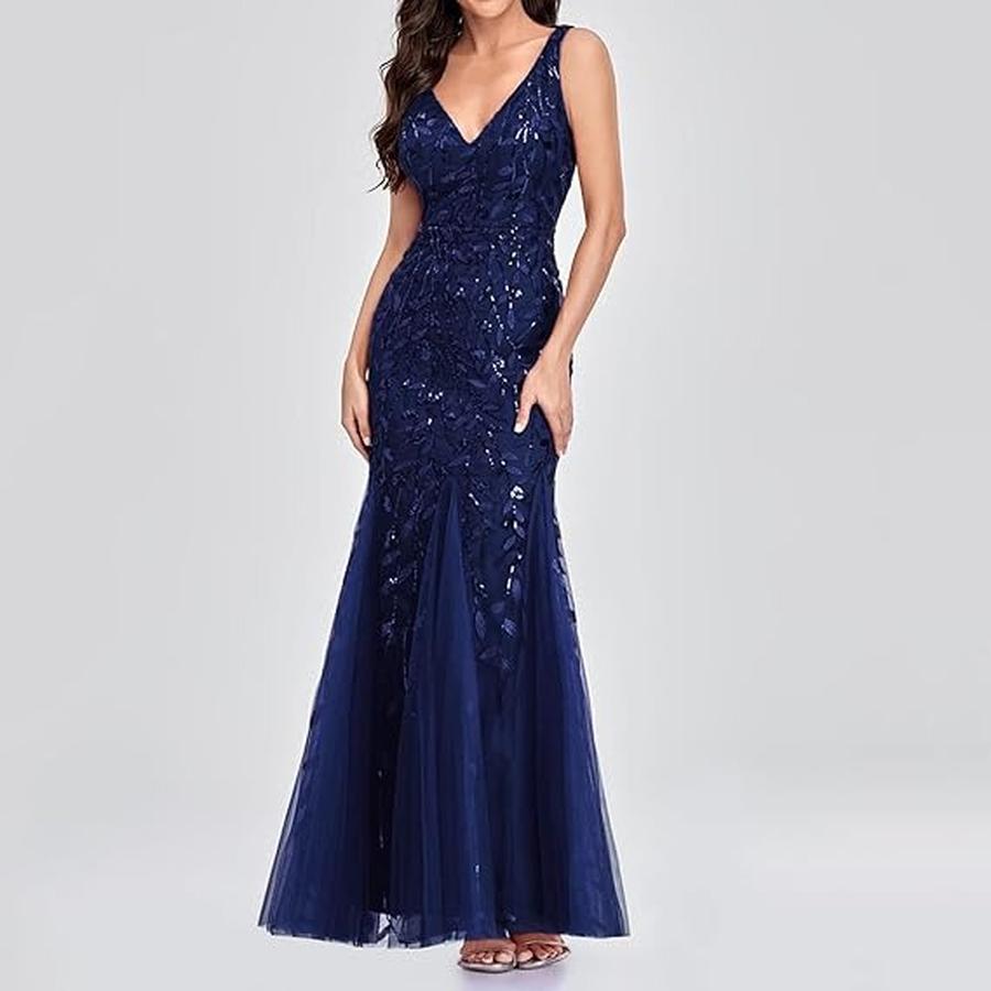 

Hot Selling Summer Elegant Fashion Sequined V-Neck Business Formal Dress XXL темно-синього кольору