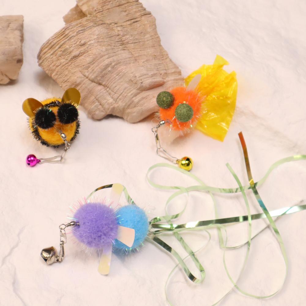 3pcs Tassel Goldfish Bee Replace Cat Teasing Stick Insect Cat Toy Interactive Pet Toys For Kitten